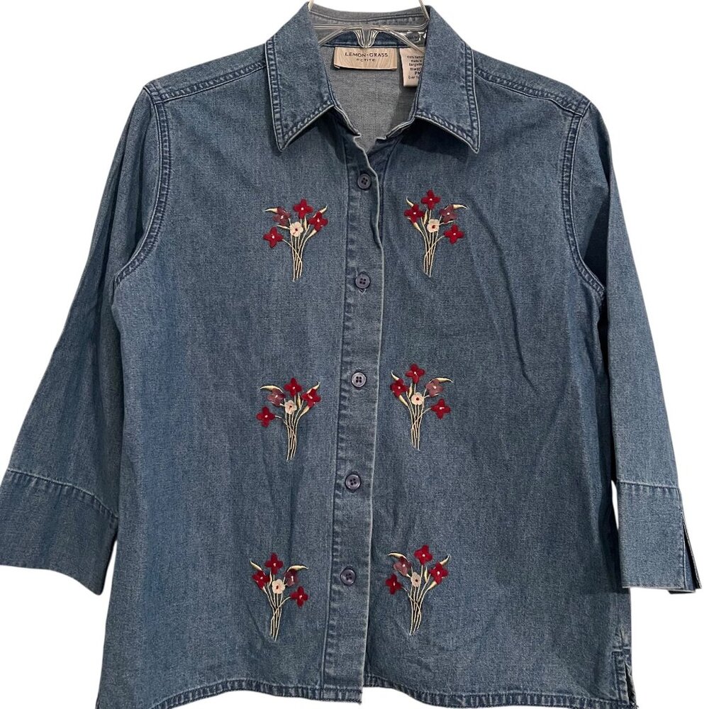 Lemon Grass Denim Shirt Jacket Floral Embroidery Red Plaid Front Panel Petite M - Picture 8 of 14